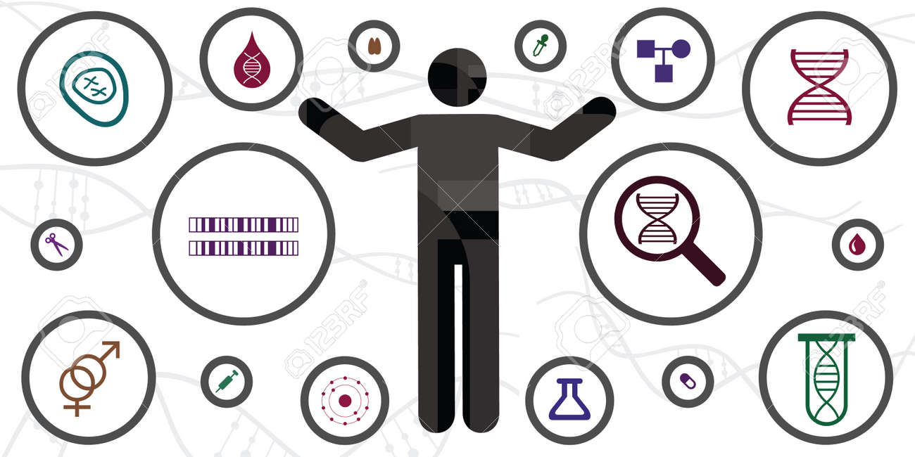 vector illustration of microscopic investigation of human DNA body and chromosome icons - 169022805 vector illustration of microscopic investigation of human DNA body and chromosome icons - 169022805