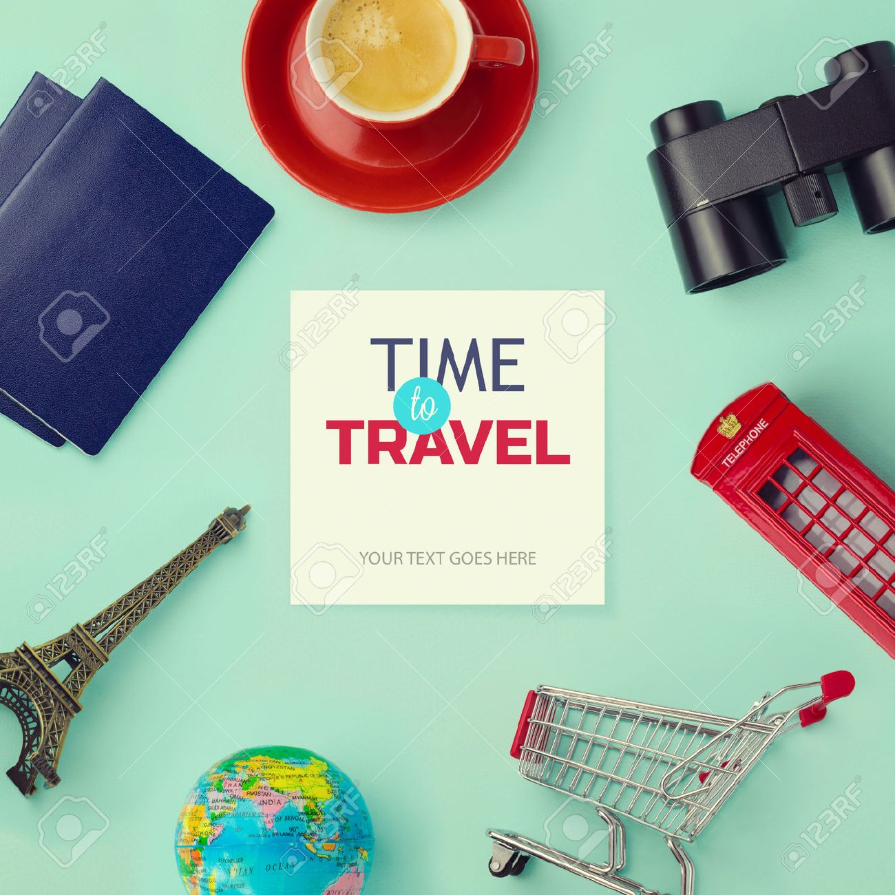 Objects related to travel and tourism around blank paper with retro filter effect. View from above - 41171368 Objects related to travel and tourism around blank paper with retro filter effect. View from above - 41171368