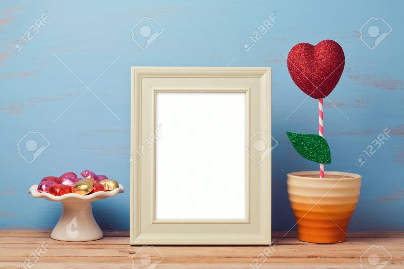 poster mock up template for valentine s day with heart shape stock
