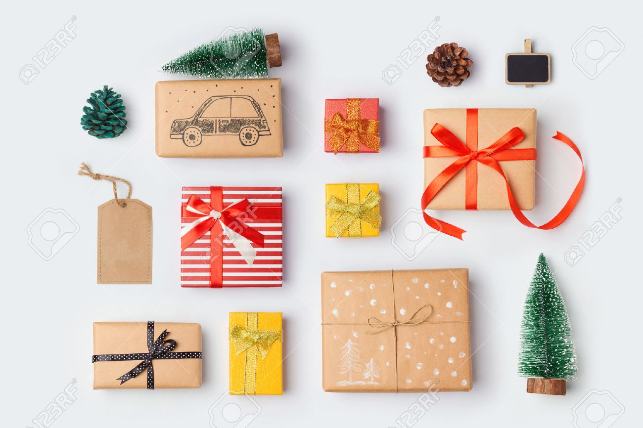 christmas gift boxes collection with pine tree for mock up template