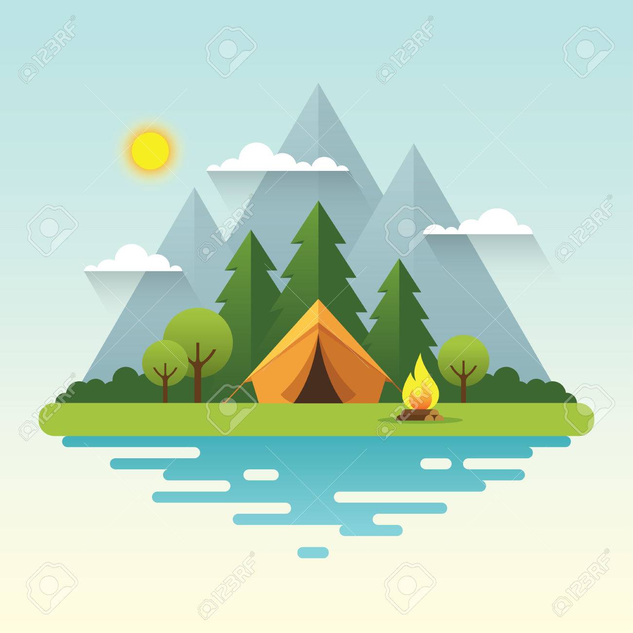 sunny day landscape illustration in flat style with tent campfire landscape illustration