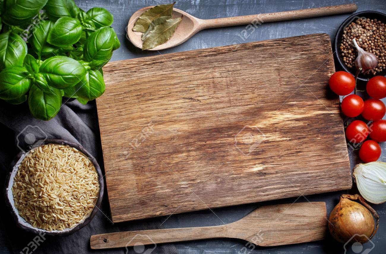 Cooking Background With Old Cutting Board, Top View Stock Photo, Picture  and Royalty Free Image. Image 52173195.