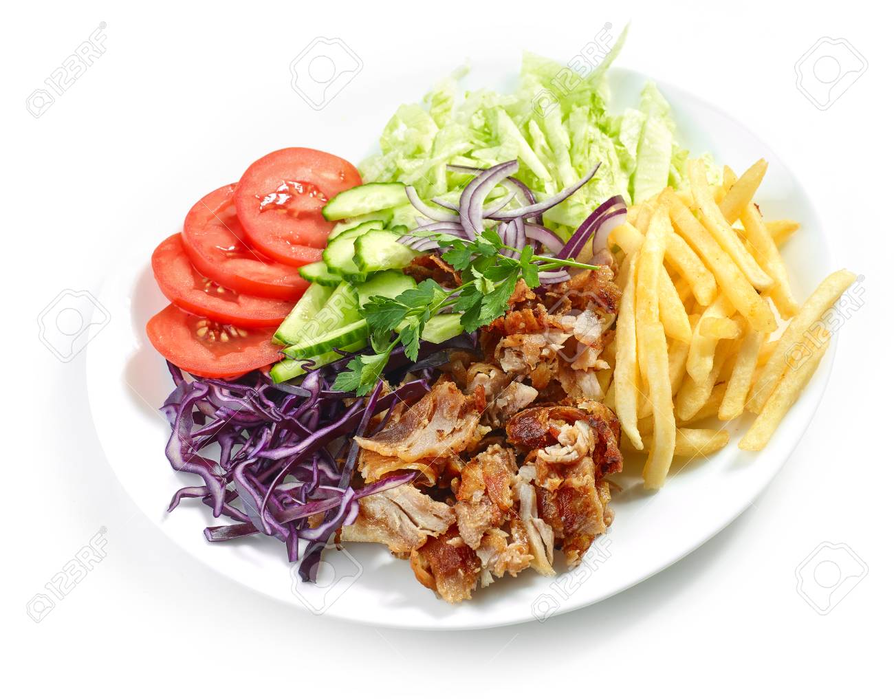 Plate Of Chicken Gyros Kebab And Vegetables Isolated On White Stock Photo Picture And Royalty Free Image Image 122015505