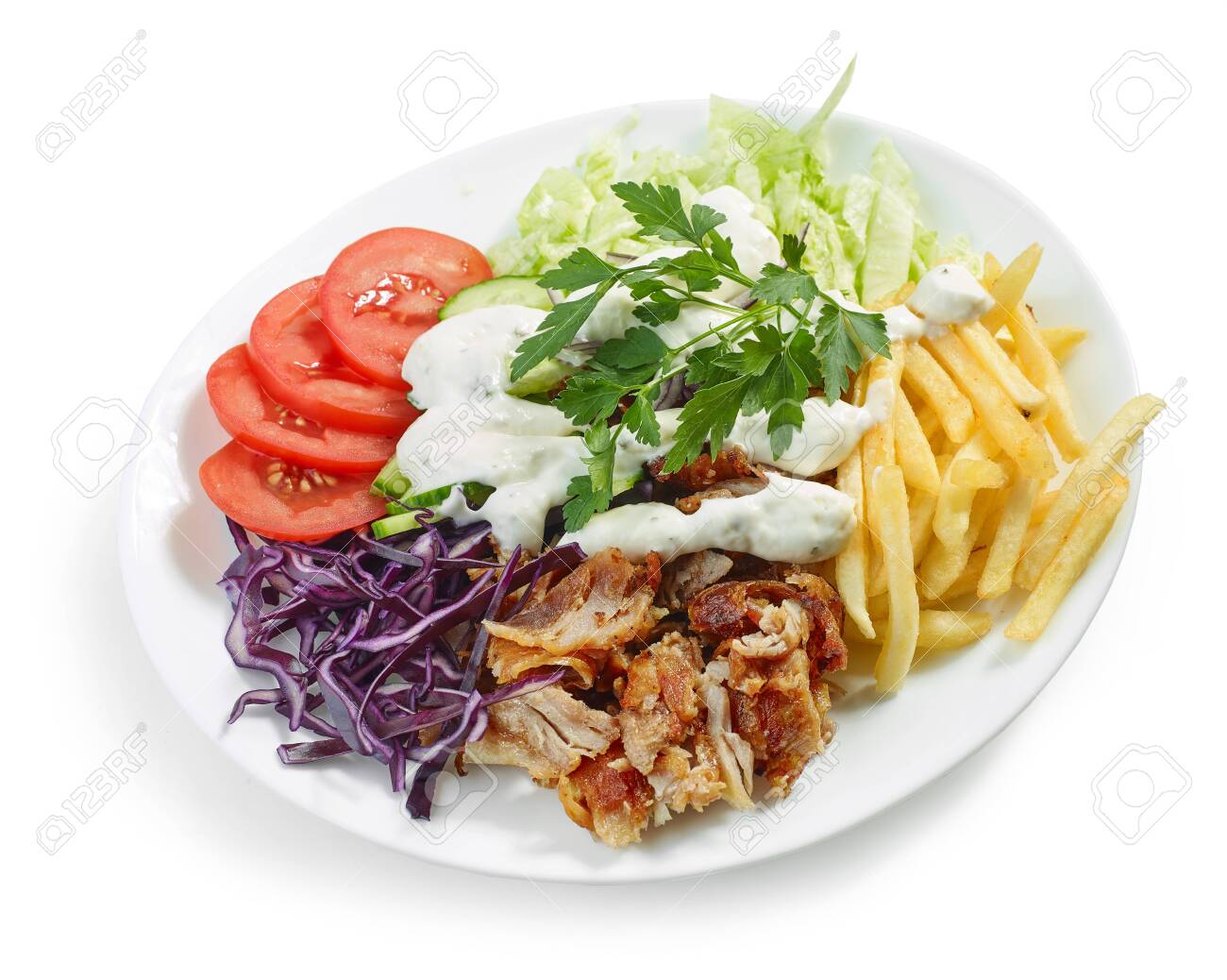 Plate Of Chicken Gyros Kebab And Vegetables Isolated On White Stock Photo Picture And Royalty Free Image Image 122015506