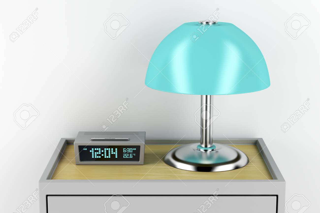 Reveil Numerique Et Lampe Electrique Sur La Table De Chevet Moderne Banque D Images Et Photos Libres De Droits Image 92173789