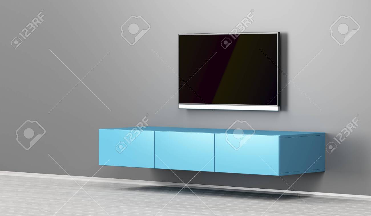 Wall Mounted Tv Cabinet And Big Flat Screen Tv In The Living