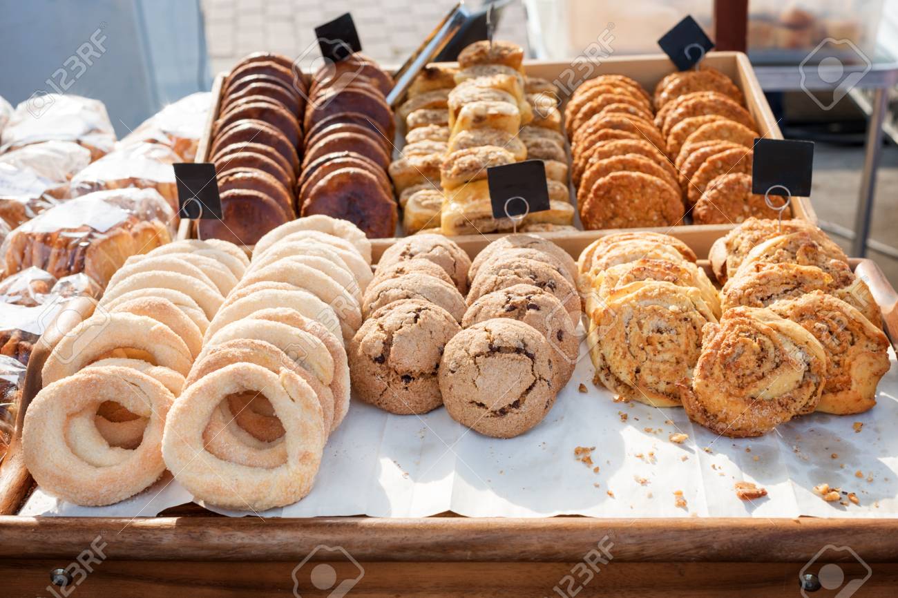Fresh Baked Cookies At A Counter Fresh Market Bakery Or Cafe