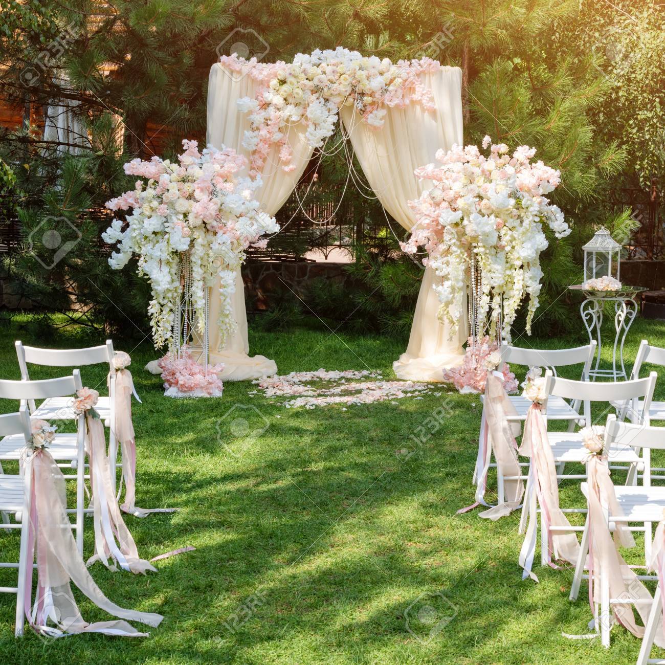 Wedding Arch Decorated With Cloth And Flowers Outdoors Beautiful