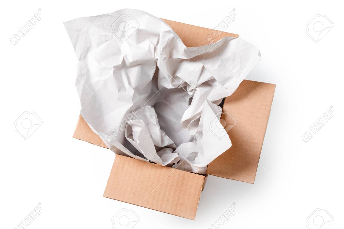 Download Open Empty Rectangular Cardboard Box With Wrapping Paper Isolated Stock Photo Picture And Royalty Free Image Image 146518709