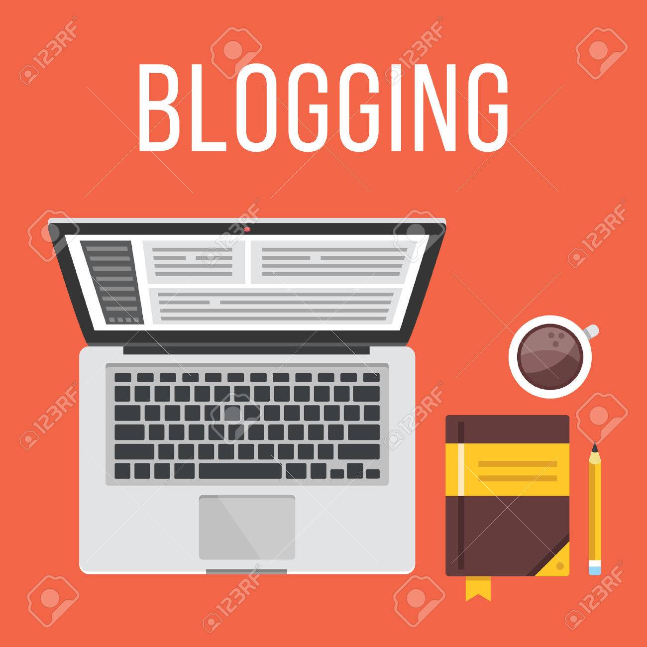 Blogging. Laptop, notepad, pencil and coffee cup. Top view. Flat design illustration concept - 43279822 Blogging. Laptop, notepad, pencil and coffee cup. Top view. Flat design illustration concept - 43279822