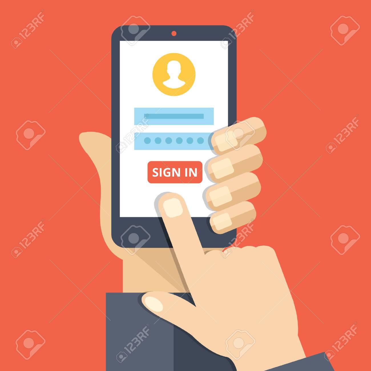 Войти В Страницы, На Экране Смартфона. Для Руки Смартфон, Сенсорный Палец  Знак В Кнопку. Мобильная Счет Клипарты, SVG, векторы, и Набор Иллюстраций  Без Оплаты Отчислений. Image 46607770