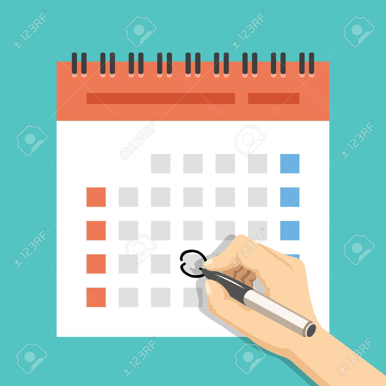 Hand with pen mark calendar. US version with week started on Sunday. Flat vector illustration - 48482342 Hand with pen mark calendar. US version with week started on Sunday. Flat vector illustration - 48482342