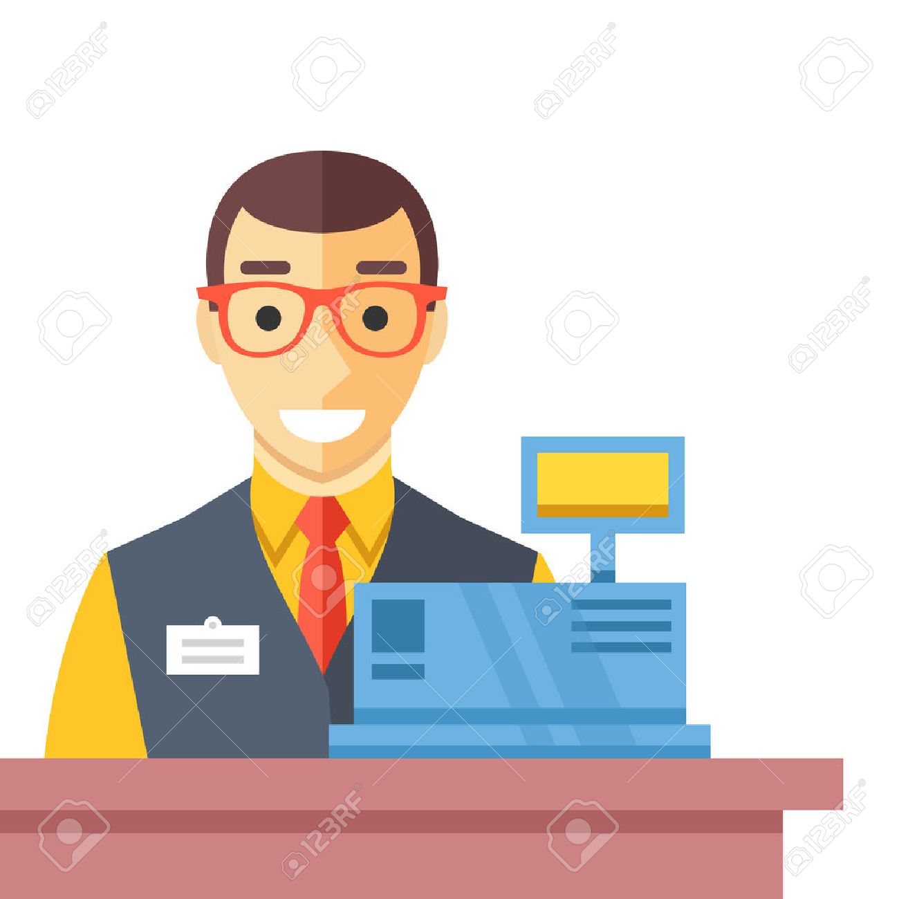Cashier man at checkout counter. Counter desk, cash register and happy clerk. Flat vector illustration - 56655211 Cashier man at checkout counter. Counter desk, cash register and happy clerk. Flat vector illustration - 56655211