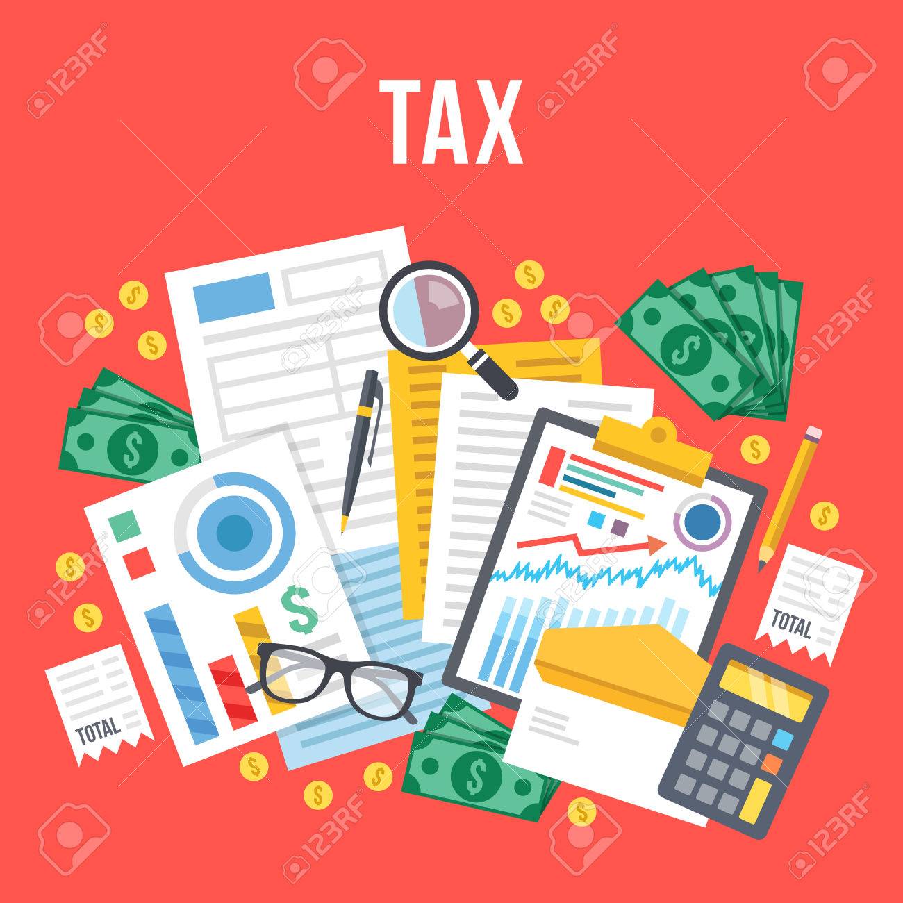 Tax calculation, budget calculation, accounting, paperwork concept. Top view. Modern flat design vector illustration - 56655247 Tax calculation, budget calculation, accounting, paperwork concept. Top view. Modern flat design vector illustration - 56655247