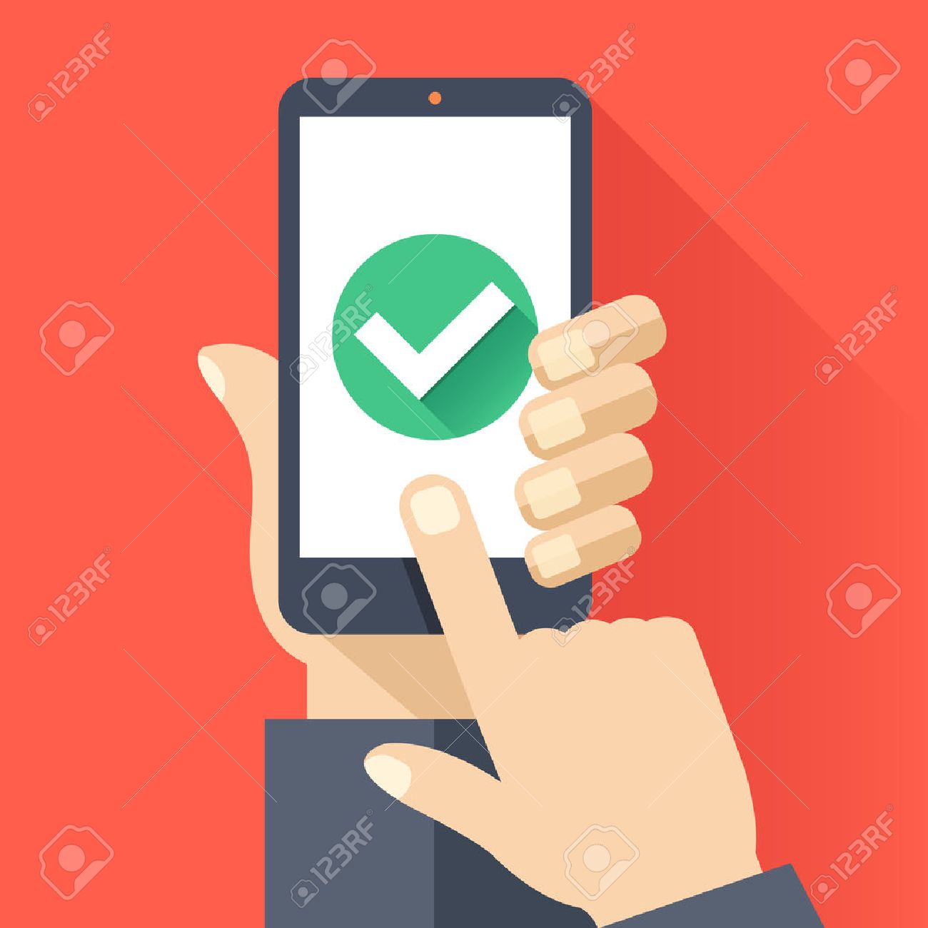 Hand holds smartphone with round green checkmark icon on smartphone screen. Task complete concept. Flat design vector illustration - 58310916 Hand holds smartphone with round green checkmark icon on smartphone screen. Task complete concept. Flat design vector illustration - 58310916