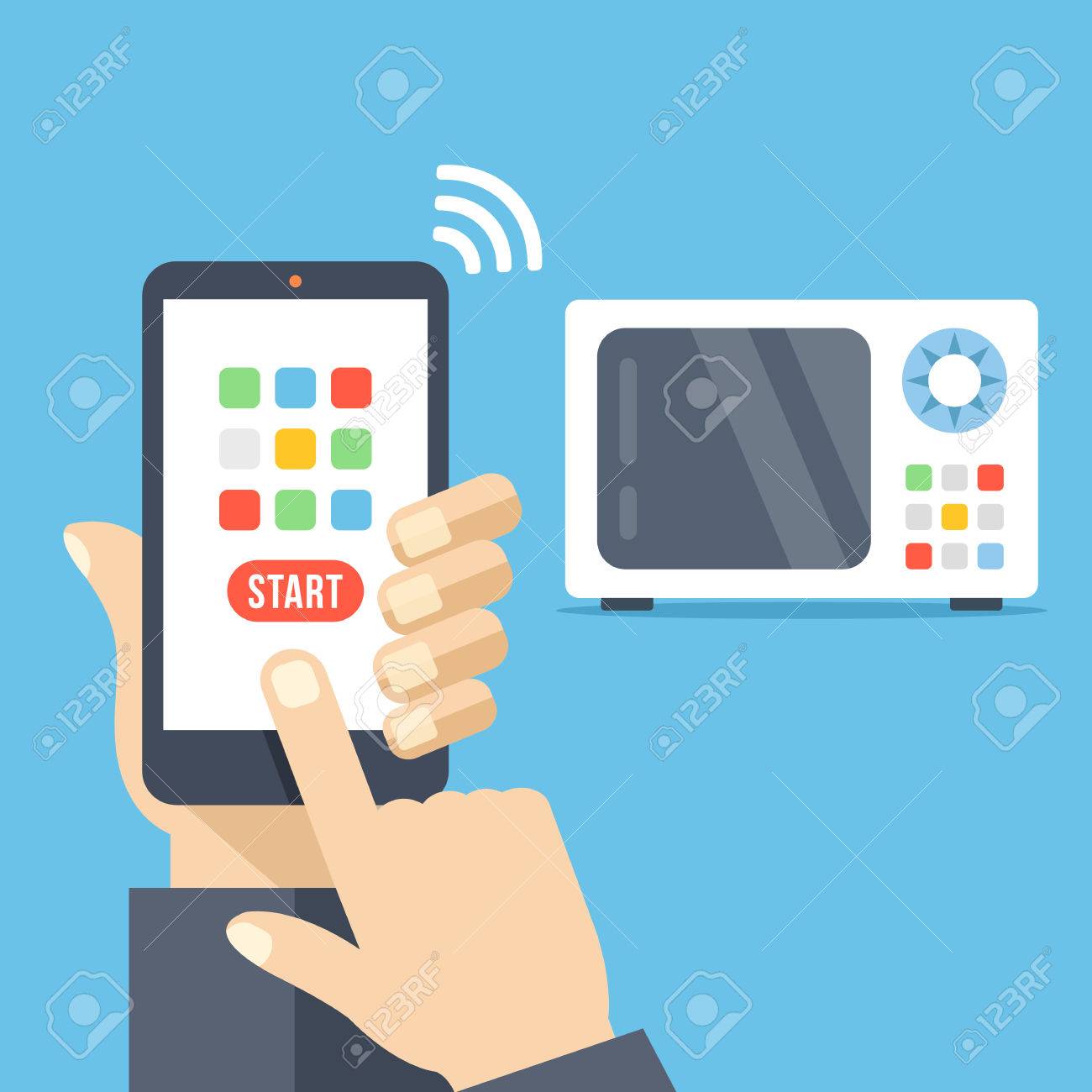 스마트 폰 리모컨 앱. 마이크로 웨이브가 와이파 이와 함께 스마트 폰을 통해 제어됩니다. 손으로 단추와 핸드폰을 보유하고있다. 현대  평면 디자인 벡터 일러스트 레이션 로열티 무료 사진, 그림, 이미지 그리고 스톡포토그래피. Image 58311016