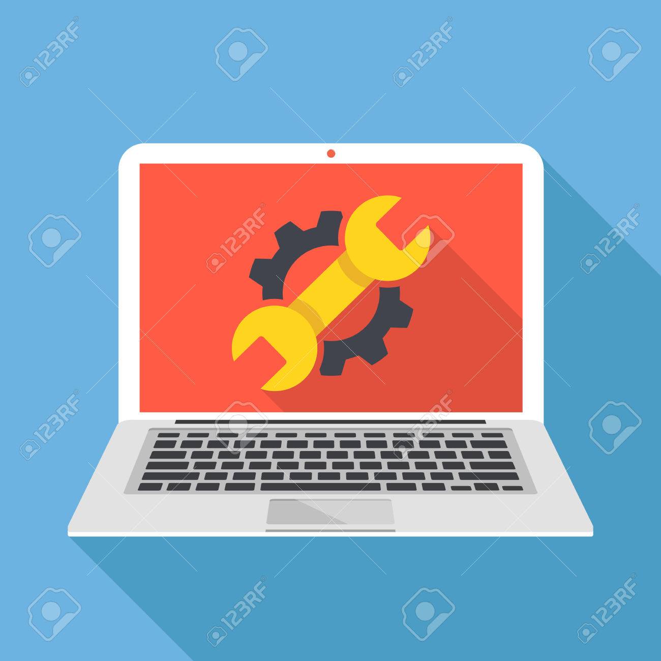 Laptop with cog and wrench repair icon. Repair service, maintenance, customization, restore concepts. Flat design vector illustration - 58311057 Laptop with cog and wrench repair icon. Repair service, maintenance, customization, restore concepts. Flat design vector illustration - 58311057