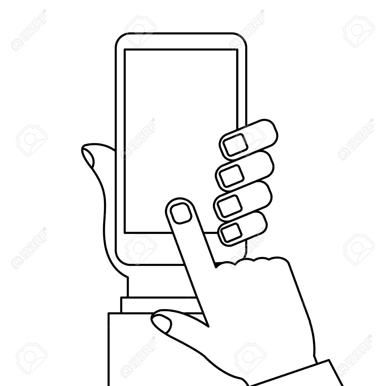 hand holding smartphone finger touching screen with blank white