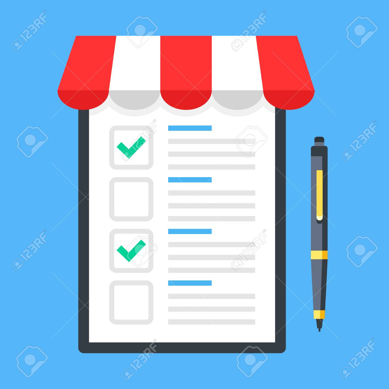 shopping list clipboard with storefront awning and pen checklist shopping checklist