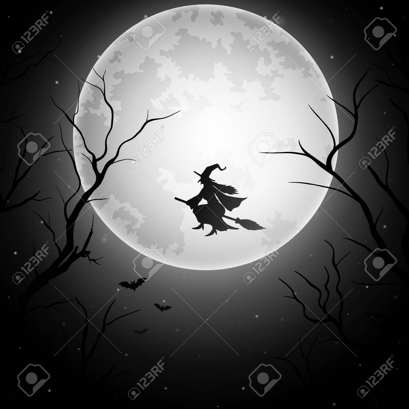Download Halloween Background With Flying Witch On The Full Moon Stock Photo Picture And Royalty Free Image Image 85424680