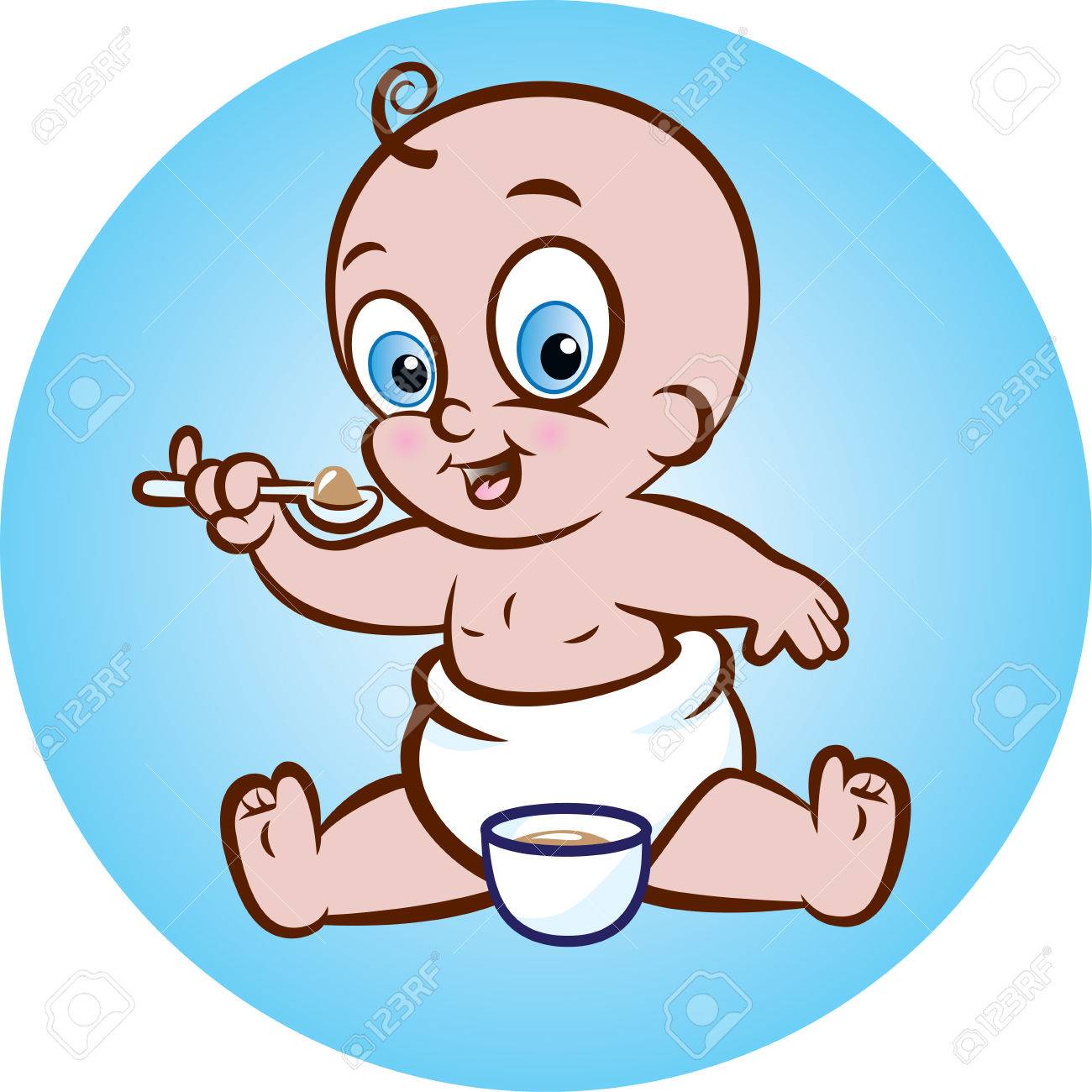 スプーン粉ミルクを持っておむつでかわいいお座り赤ちゃんのベクトル イラストのイラスト素材 ベクタ Image