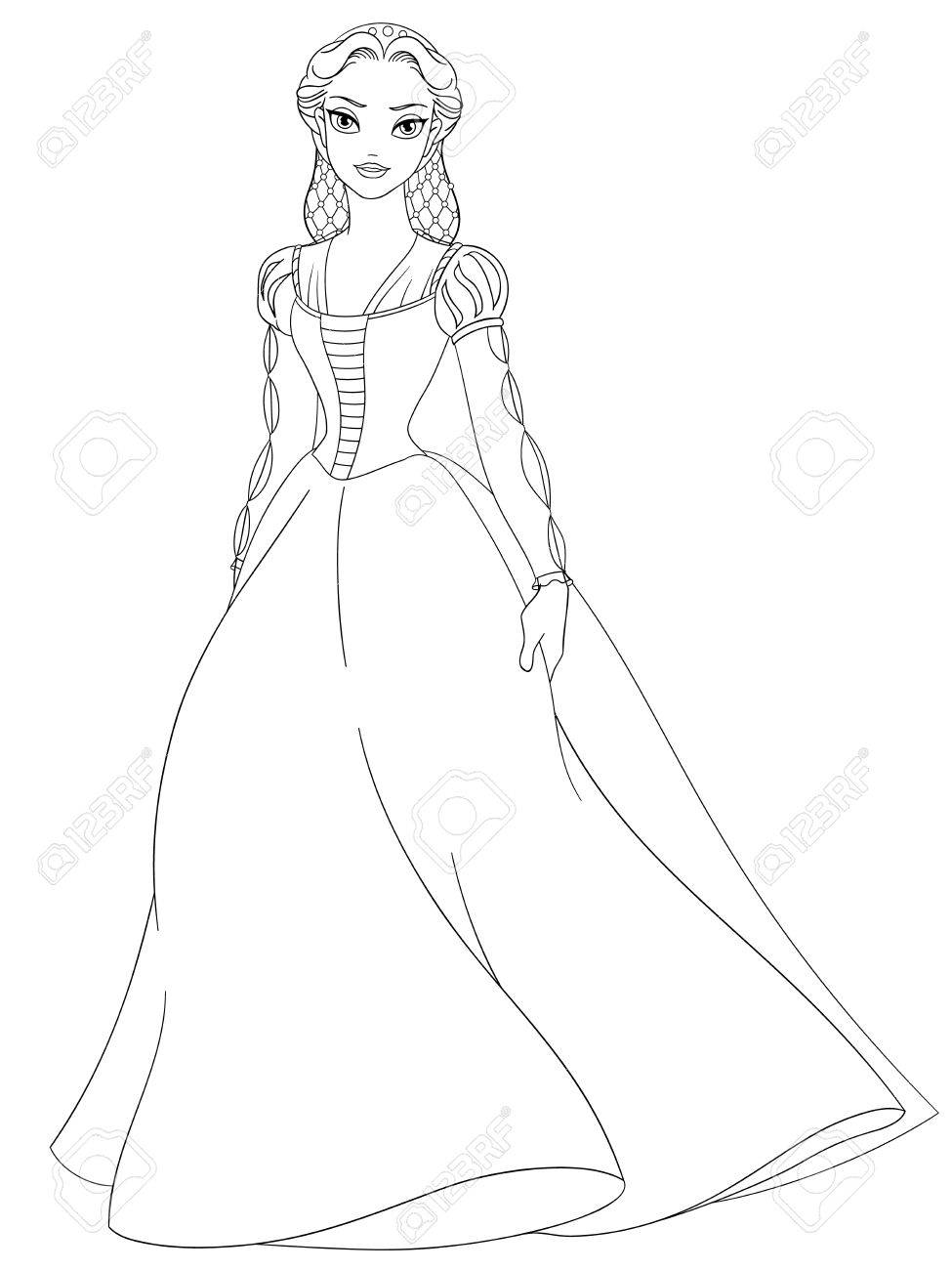 Outlined Medieval Lady Coloring Page Vector Illustration Royalty Free Cliparts Vectors And Stock Illustration Image 55697289