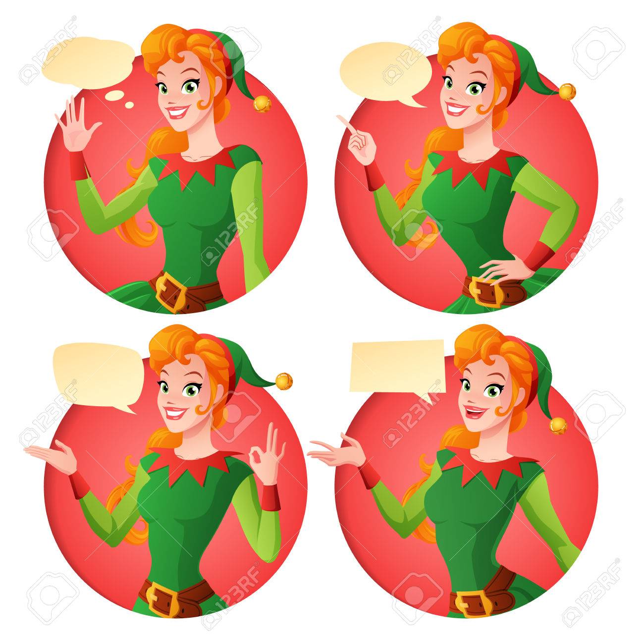 Vector Ensemble De Belle Fille En Vert Costume De Lutin De Noel Dans Differentes Poses Avec Divers Discours Bulles En Agitant Doigt Pointant Vers Le Haut Montrant Ok Signe Le Geste Et