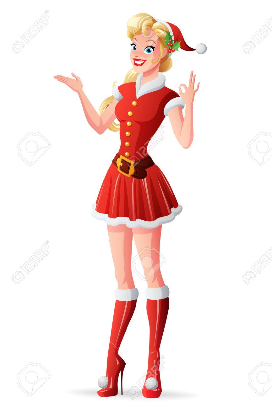 美しいかわいい金髪の若い女性を提示し Ok の手話を示す赤のクリスマス サンタ クロース衣装 漫画ピンナップ スタイル ベクトル イラスト白背景に分離されました のイラスト素材 ベクタ Image