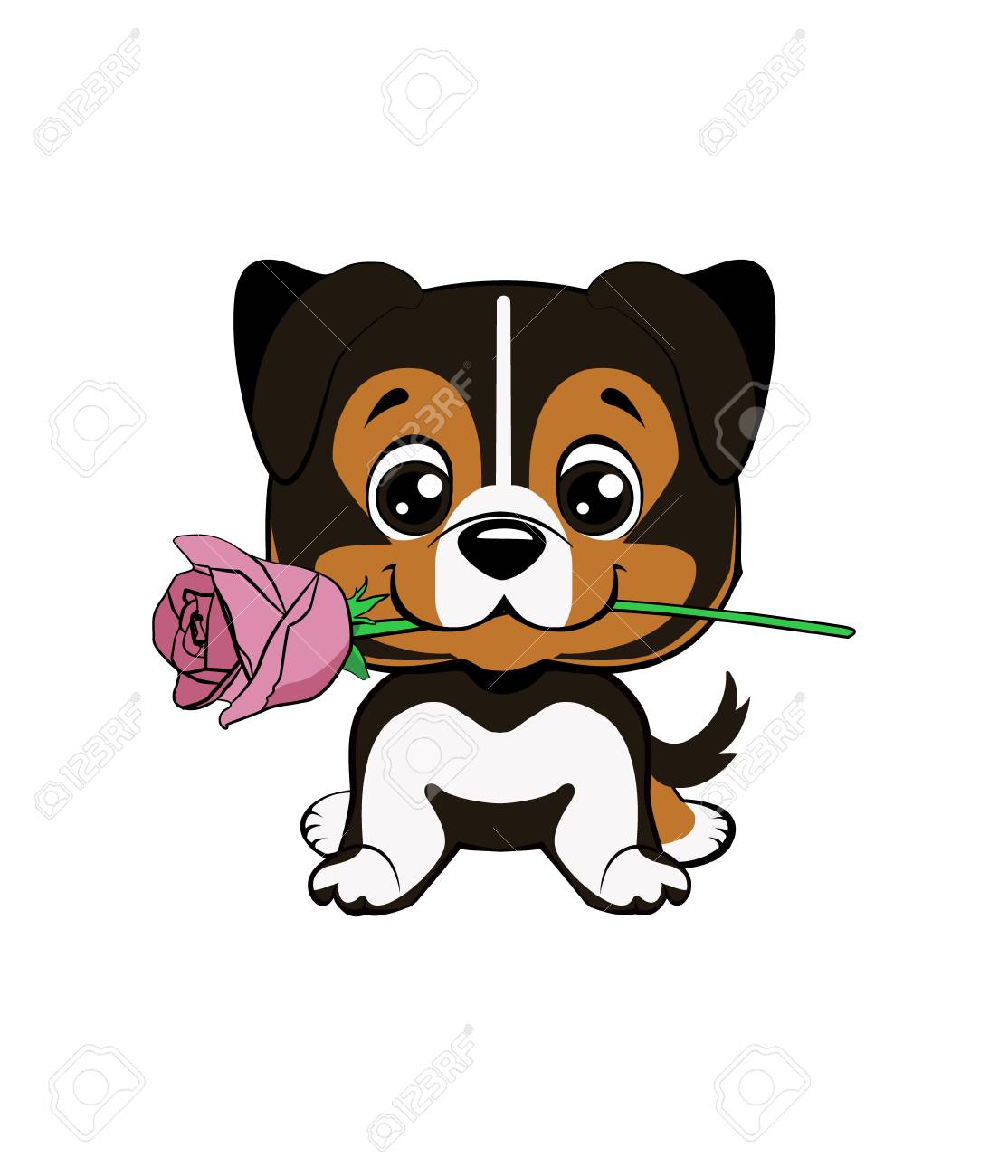 Australian Shepherd Cartooncute Puppy With A Flower Cartoon