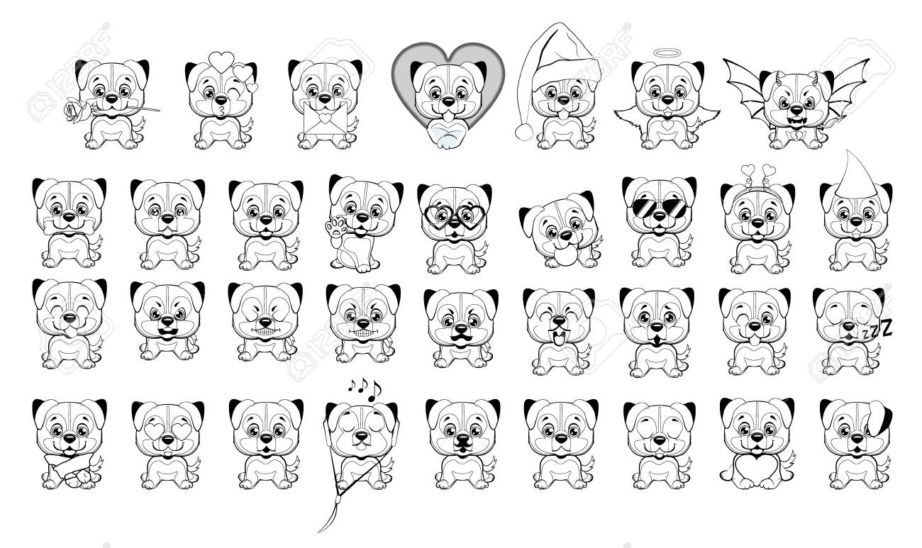Big Set Of Little Dogs With Different Emotions And Objects Painted With  Black Lines On A White Background. Australian Shepherd Cartoon. Royalty  Free SVG, Cliparts, Vectors, and Stock Illustration. Image 108960597., image size:1300x773
