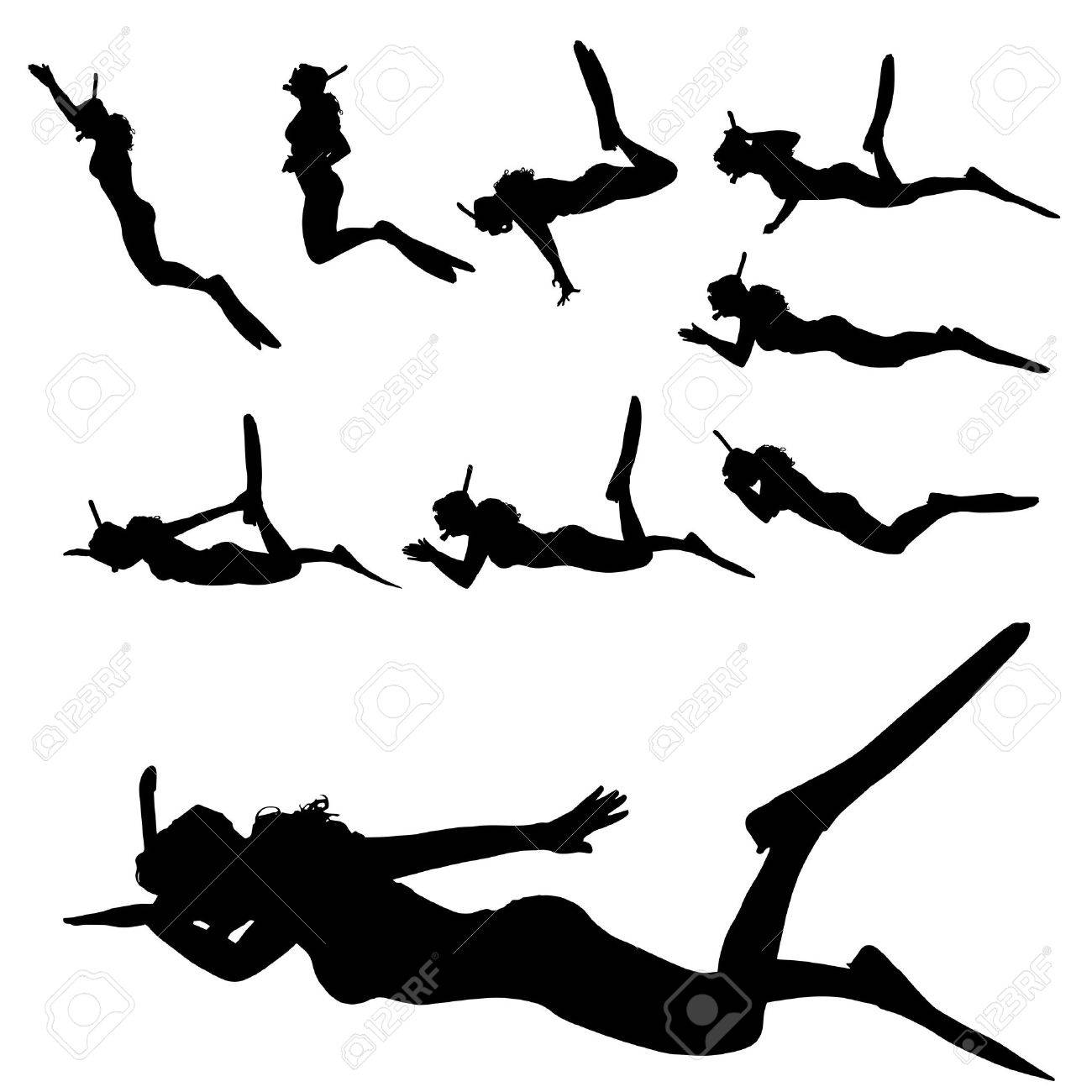 足ひれとシュノーケルを持つ女性のベクトル シルエット のイラスト素材 ベクタ Image