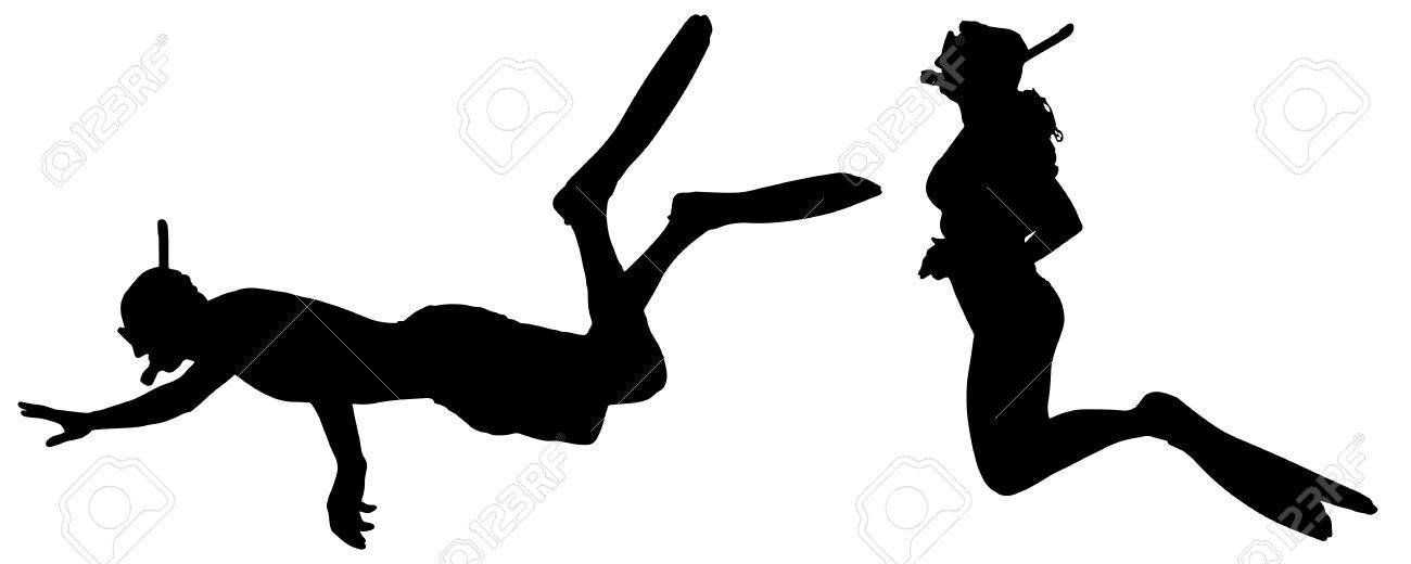 足ひれとシュノーケルを持つ人々 のベクトル シルエット のイラスト素材 ベクタ Image