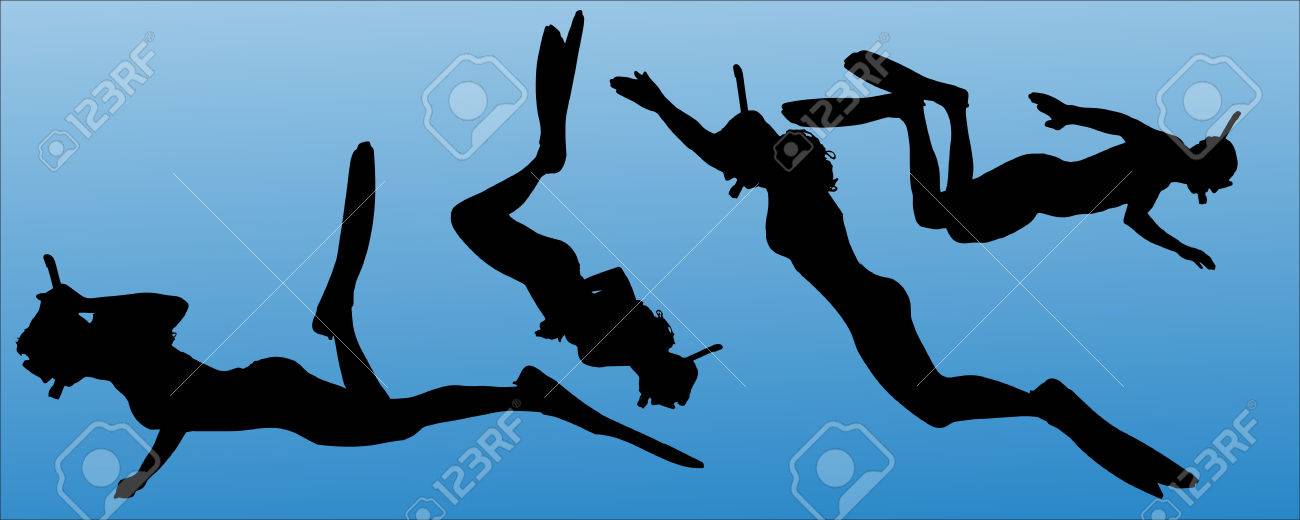 足ひれとシュノーケルを持つ人々 のベクトル シルエット のイラスト素材 ベクタ Image