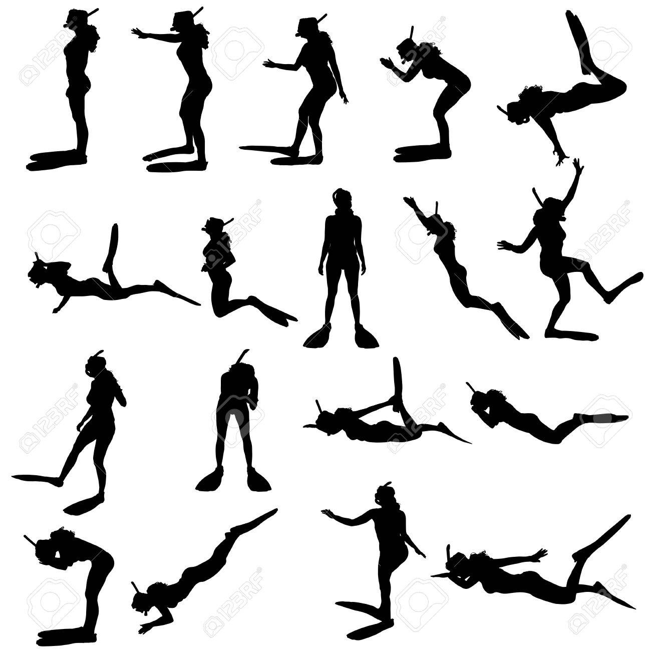 足ひれとシュノーケルを持つ女性のベクトル シルエット のイラスト素材 ベクタ Image