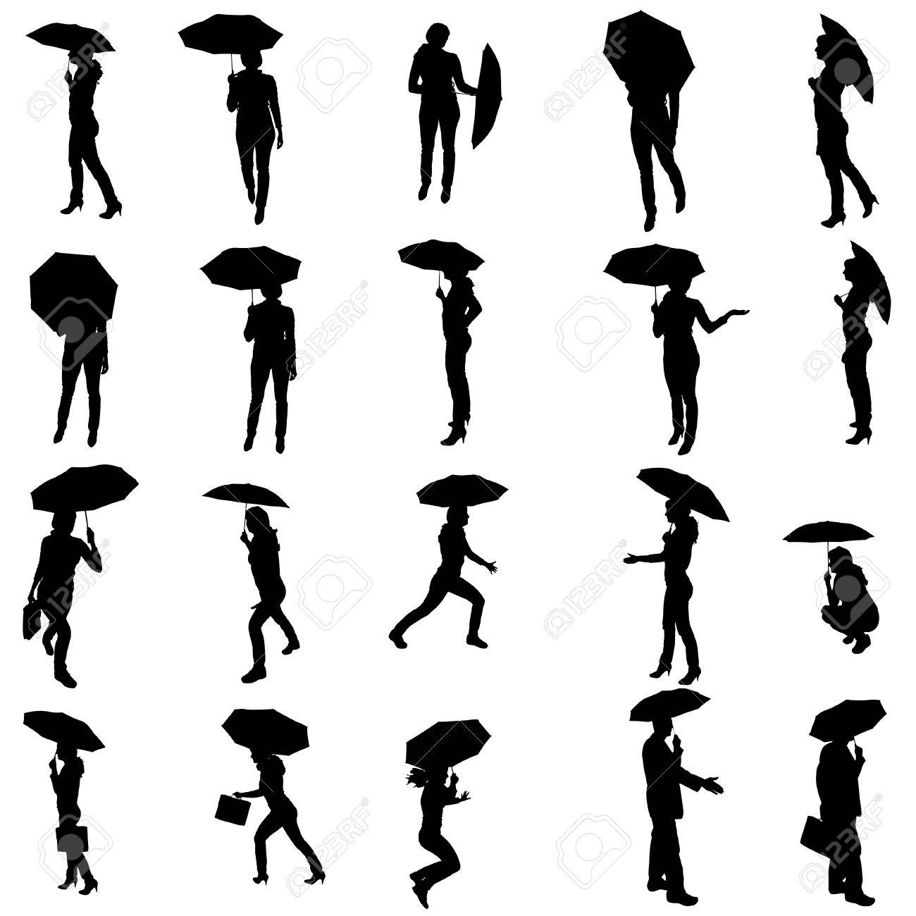 Vector Silhouette Von Menschen Mit Regenschirmen Auf Weissem Hintergrund Lizenzfrei Nutzbare Vektorgrafiken Clip Arts Illustrationen Image