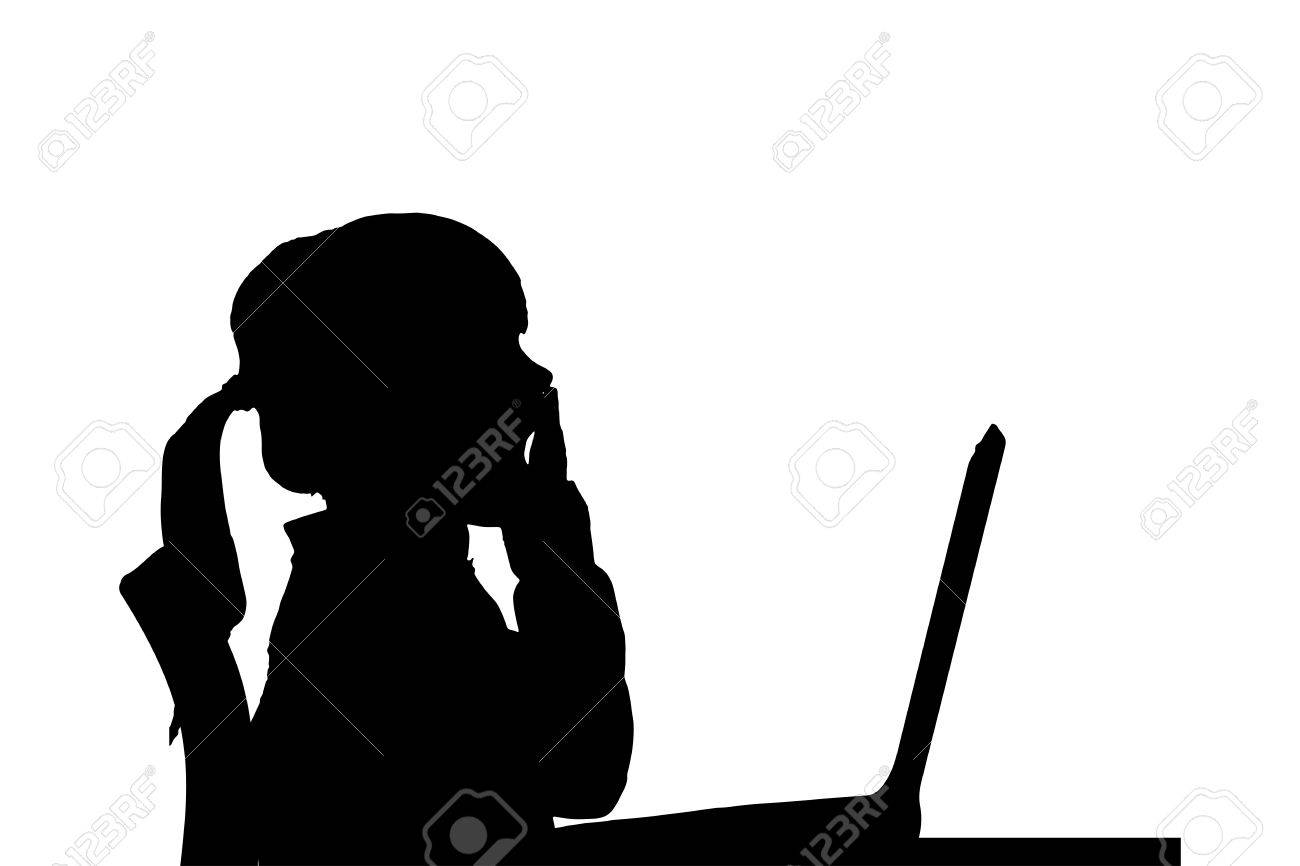 vector silhouette of a girl sitting at a computer on a white background stock vector