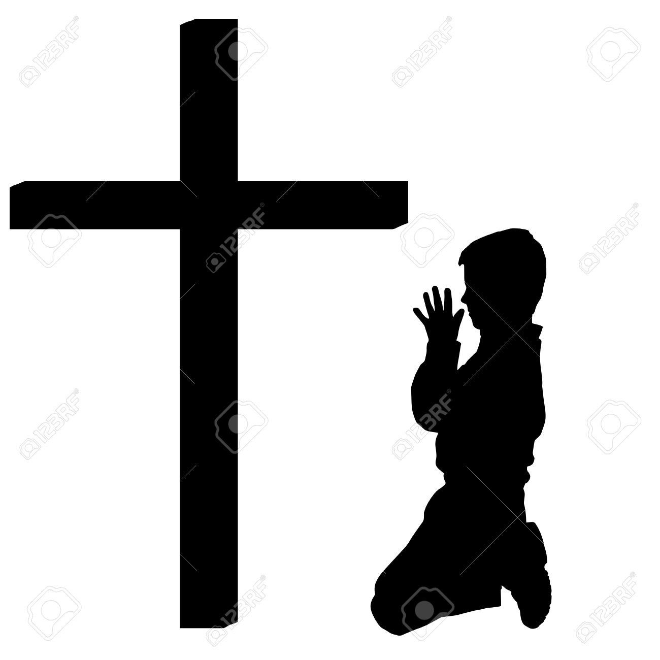 silhouettes of boy at the cross on white background royalty free