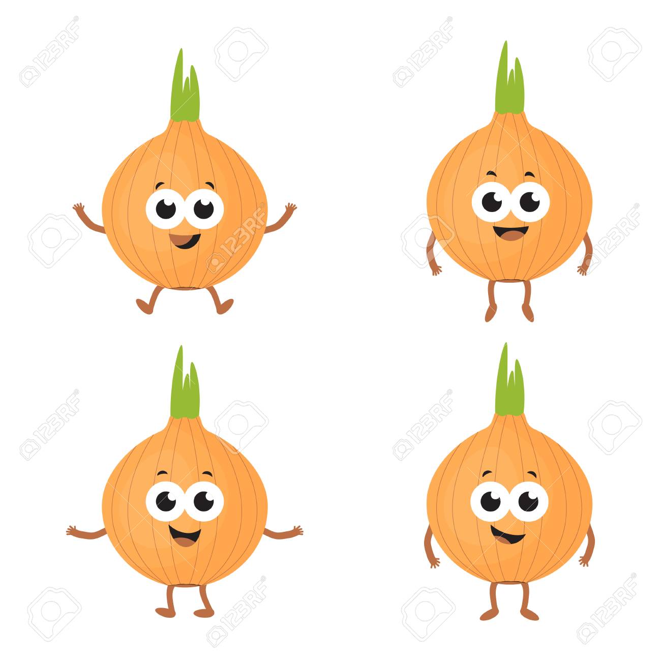 面白い全体の玉ねぎのセット 白い背景に野菜 異なる不満を持つかわいい電球 のイラスト素材 ベクタ Image