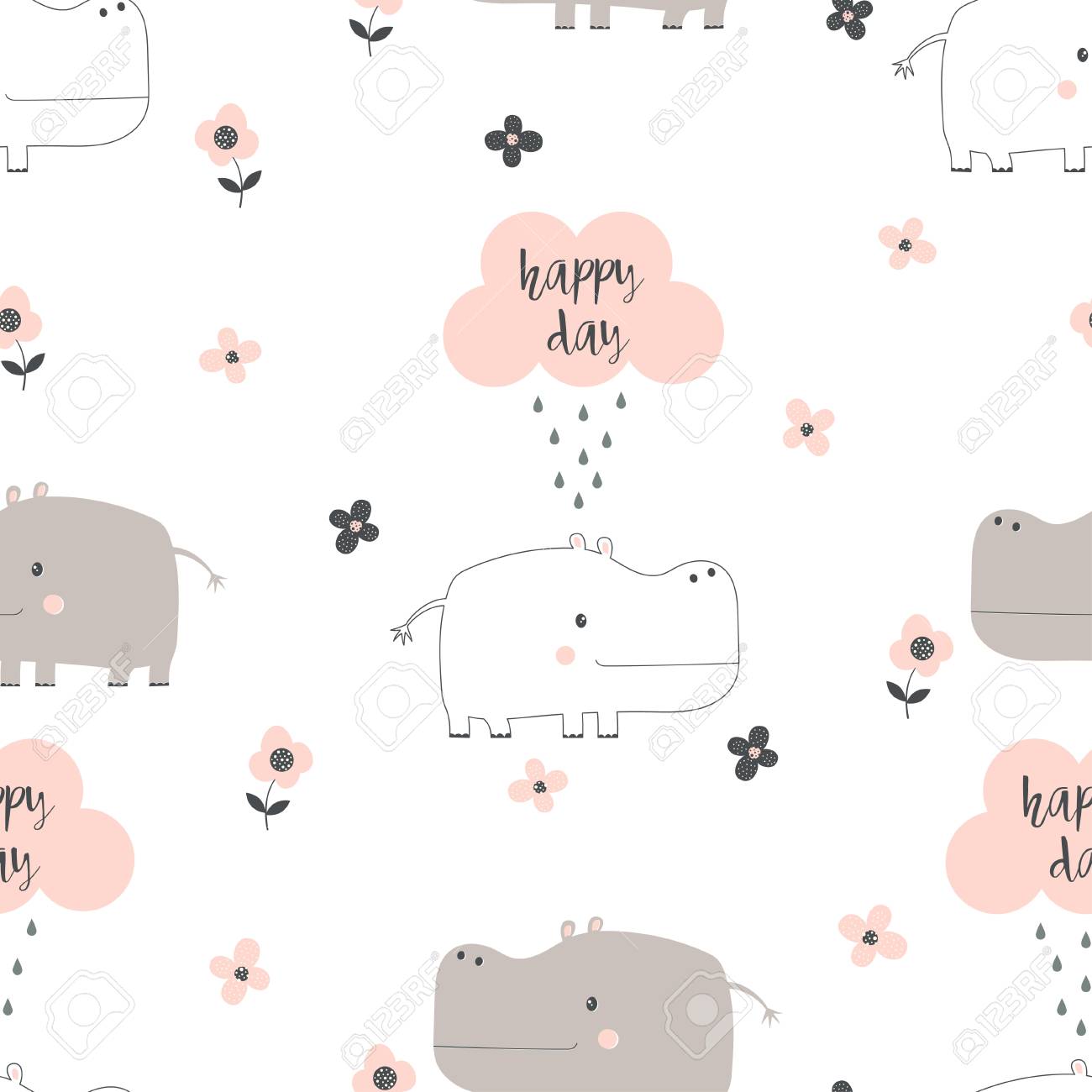 Pattern With Cute Cartoon Hippo Isolated On White Background, Funny Animal Wallpaper With Hippo, Cloud, Flowers And Lettering Happy Day, Print In Scandinavian Style Royalty Free SVG, Cliparts, Vectors, And Stock Illustration. Pattern With Cute Cartoon Hippo Isolated On White Background, Funny Animal Wallpaper With Hippo, Cloud, Flowers And Lettering Happy Day, Print In Scandinavian Style Royalty Free SVG, Cliparts, Vectors, And Stock Illustration.