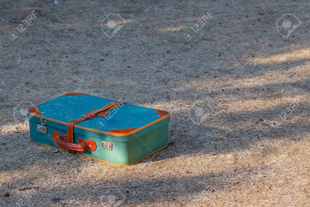 Green old suitcase on grass close-up. - 89989923 Green old suitcase on grass close-up. - 89989923