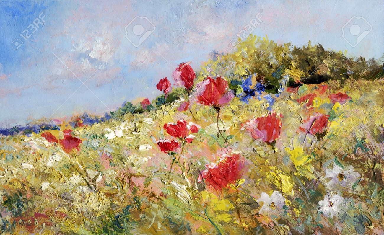 Meadow flowers painting made by TideGifts medium size picture Original oil on canvas panel orange-cad.yellow-cad.red- emerald green