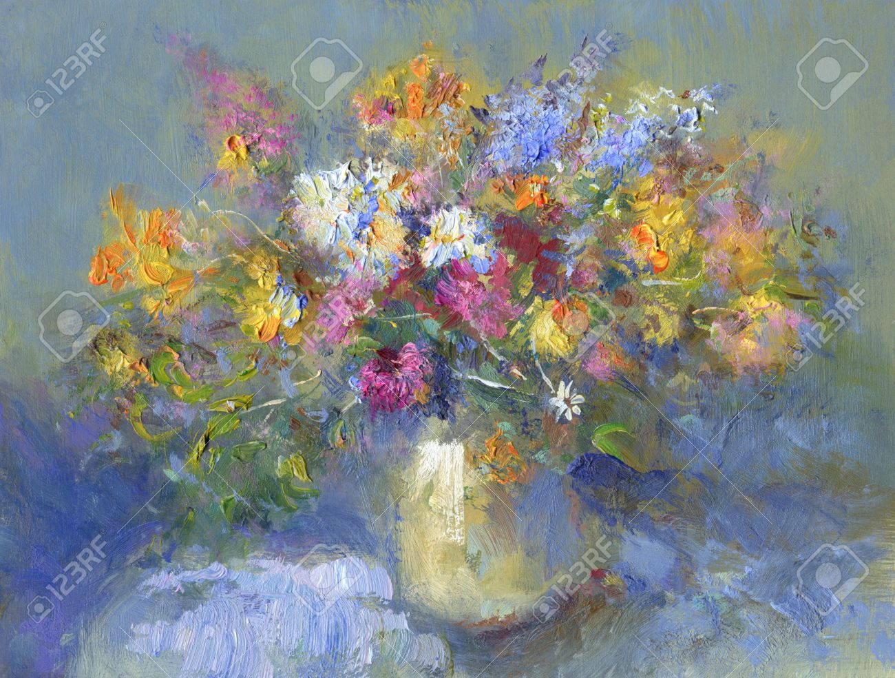 Painted Vase Of Summer Flowers Oil Paints On Acrylics Stock