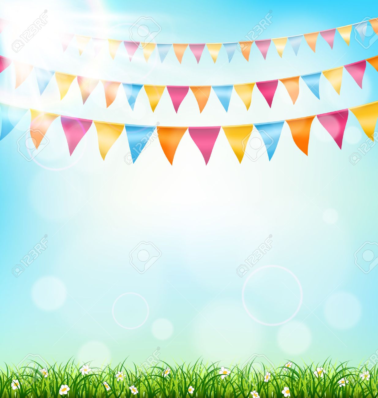 Celebration background with buntings grass and sunlight on sky background - 38977679 Celebration background with buntings grass and sunlight on sky background - 38977679