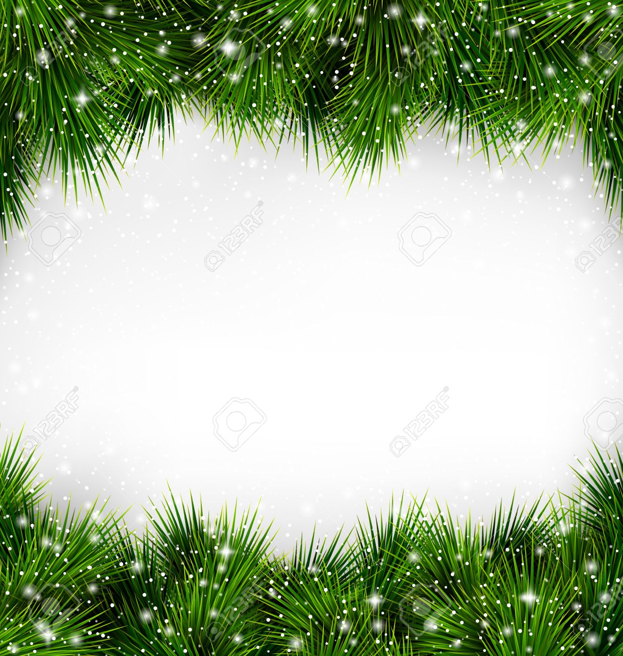 Shiny Green Christmas Tree Pine Branches Like Frame with Snowfall on White Background - 46963291 Shiny Green Christmas Tree Pine Branches Like Frame with Snowfall on White Background - 46963291