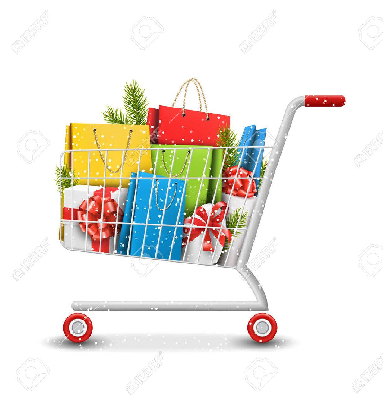 Christmas Winter Sale Shopping Cart with Bags Gift Boxes and Pine Branches Isolated on White Background - 47839062 Christmas Winter Sale Shopping Cart with Bags Gift Boxes and Pine Branches Isolated on White Background - 47839062