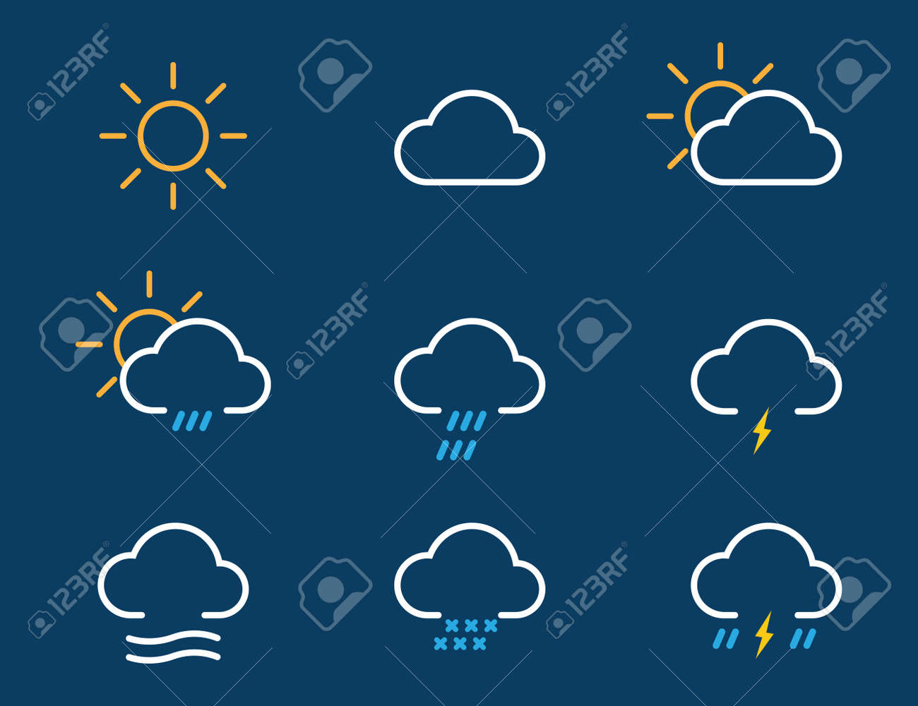Simple Weather Icons Set With Sun, Wind, Rain, Snow And Storm Icons.  Forecast Modern Isolated Icons Of Meteorology. Vector EPS 10. Royalty Free  SVG, Cliparts, Vectors, and Stock Illustration. Image 147072783., image size:1300x1000