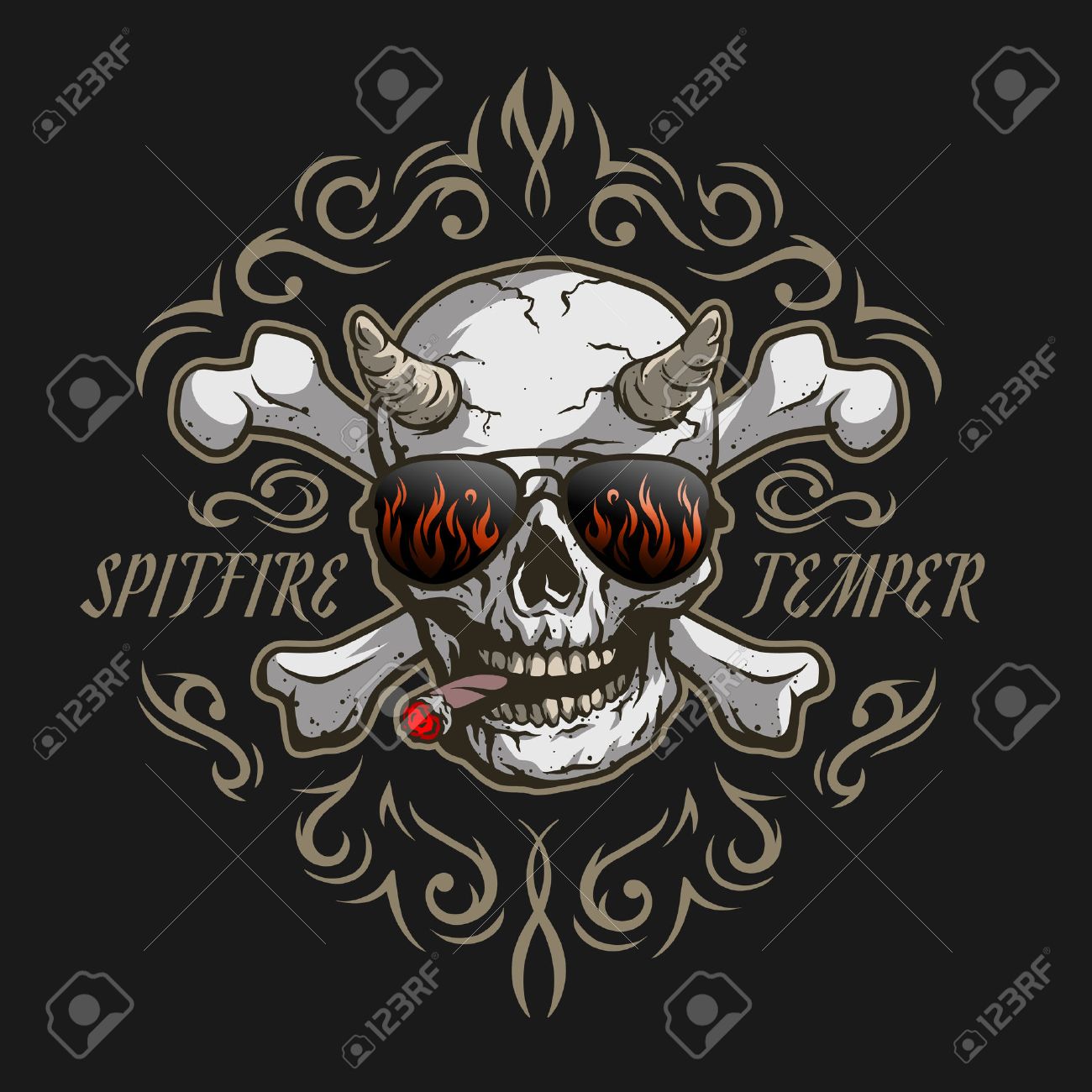 Bones of the skull. Demon in glasses and a cigar on a dark background with a pattern. - 58741253 Bones of the skull. Demon in glasses and a cigar on a dark background with a pattern. - 58741253