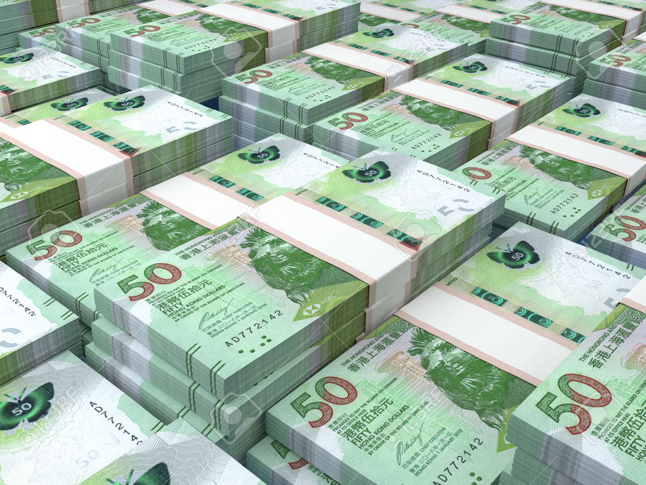 홍콩의 돈. 홍콩 달러 지폐. Hkdhsbc 지폐. 50달러. 비즈니스, 금융, 뉴스 배경입니다. 3d 그림입니다. 로열티 무료 사진,  그림, 이미지 그리고 스톡포토그래피. Image 178821499