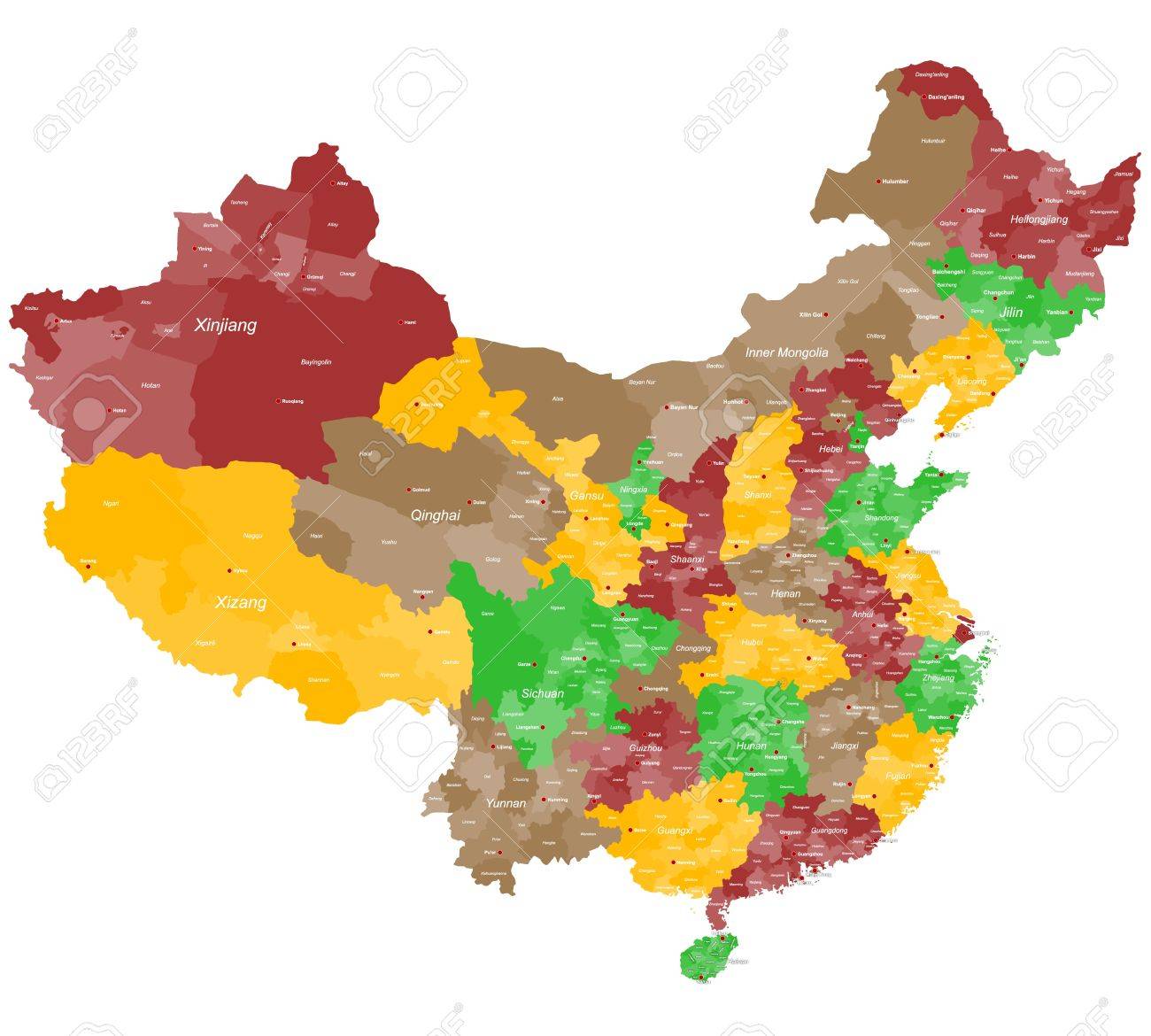 Detailed Map Of China With Main Cities And Regions Royalty Free SVG,  Cliparts, Vectors, and Stock Illustration. Image 30692165., image size:1300x1170