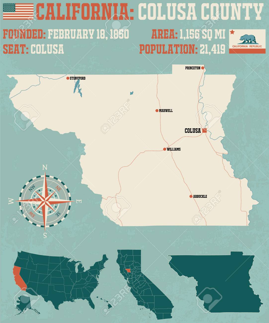 コルサ郡 カリフォルニア州 の大きく詳細な地図のイラスト素材 ベクタ Image